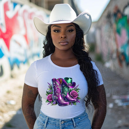 Rhinestone Cowgirl Boots PNG: Purple & Green Western Graphic (Digital Download)