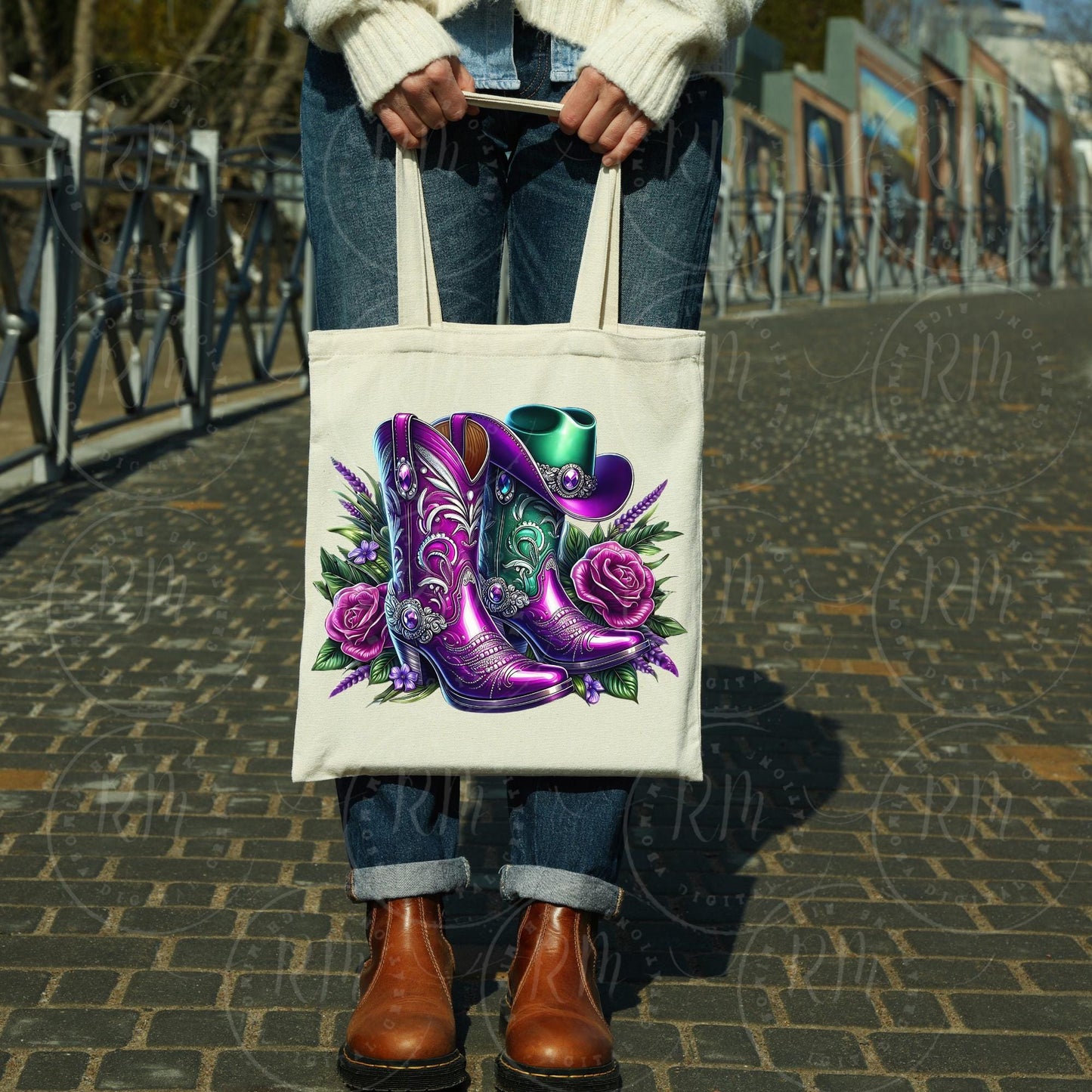 Rhinestone Cowgirl Boots PNG: Purple & Green Western Graphic (Digital Download)