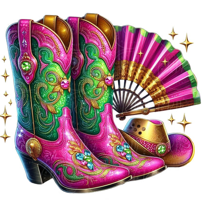 Boots on the Ground Clipart, Pink and Green Cowgirl Boots, Hat& Fan Graphic Design, Unique Western Design, Artwork for Prints, Tshirts, DIYs