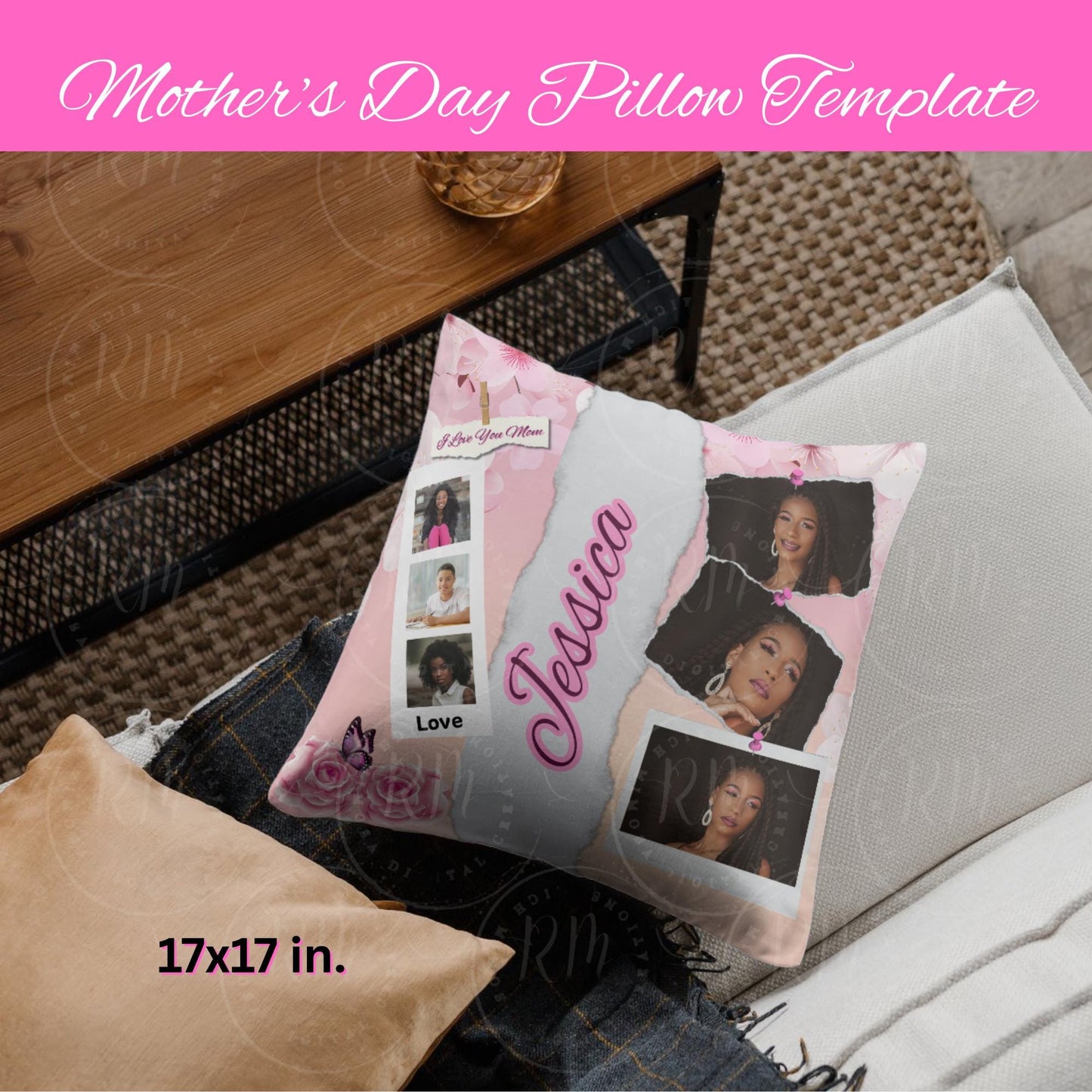 Mother's Day Photo Pillow Template: Pink Floral Design (Canva DIY Digital Download)