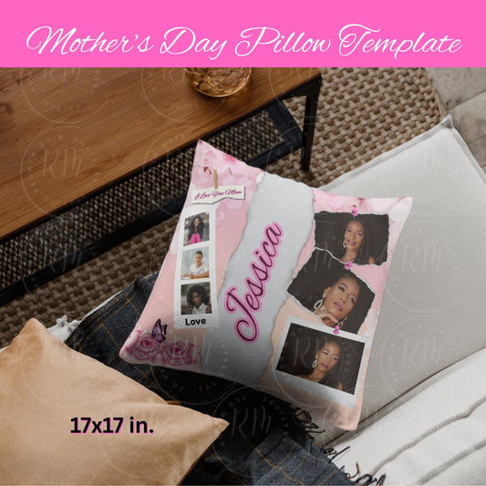 Mother's Day Photo Pillow Template: Pink Floral Design (Canva DIY Digital Download)