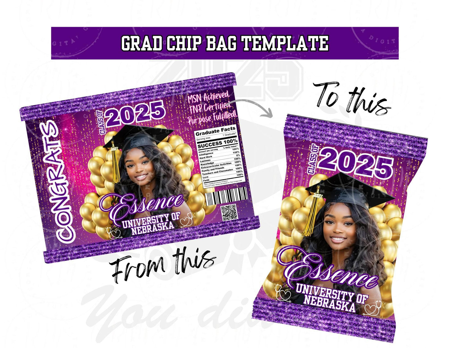 2026 Graduation Crimped Chip Bag Template, Editable Purple & Pink Party Favor, 2025 Grad Chip Bag, Unique Grad Gift for Grad Parties