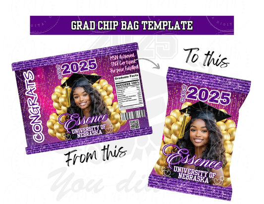 2026 Graduation Crimped Chip Bag Template, Editable Purple & Pink Party Favor, 2025 Grad Chip Bag, Unique Grad Gift for Grad Parties