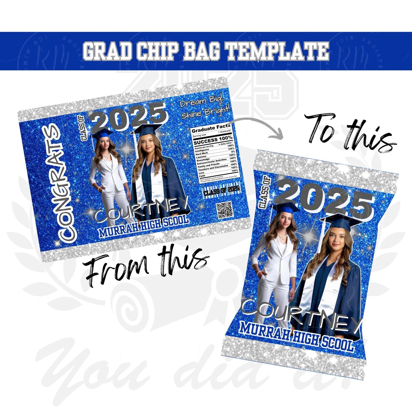 2026 Graduation Chip Bag Template, Editable Blue, Gray & White Grad Party Favor, 2026 Grad Chip Bag, Unique Grad Gifts for Grad Celebrations