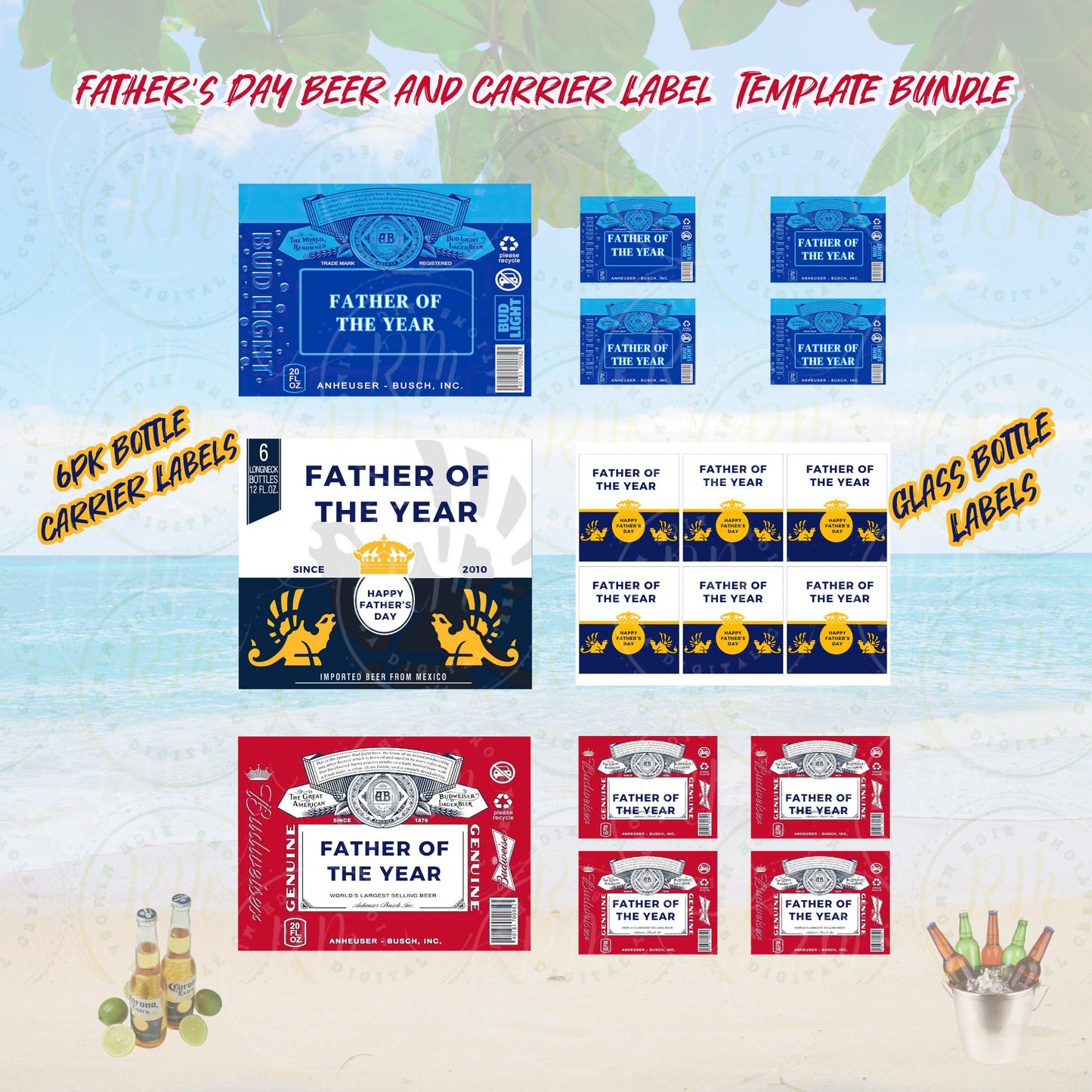 Father's Day Beer Label Template: 12oz Bottle & 6-Pack Carrier (Digital Download)