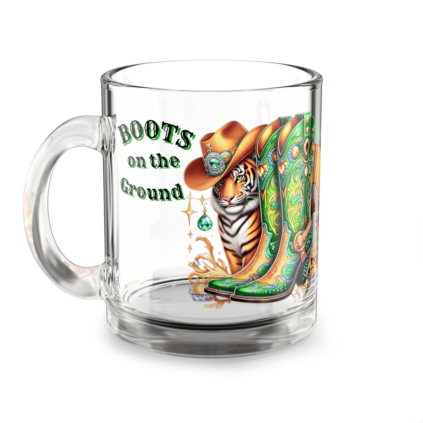 Cowboy Boot Glass Mug: Western Tiger Coffee Cup