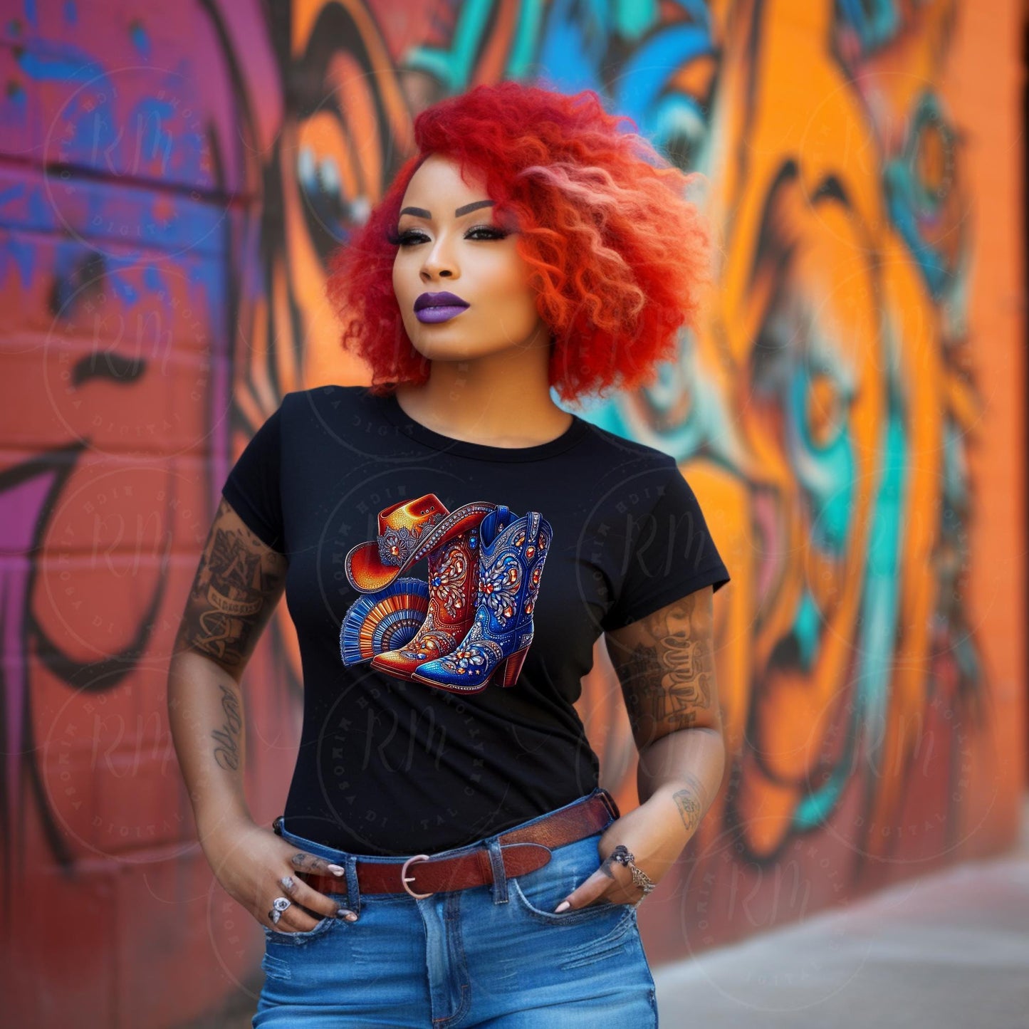 Boots on the Ground PNG, Rhinestone Cowgirl Boots, Hat, Fan Graphic Design, Unique Western Design, Artwork for Prints, Tshirts, Boot Clipart