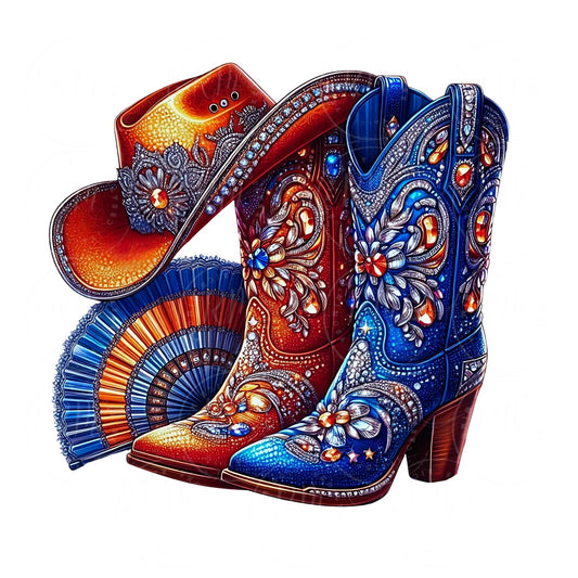 Boots on the Ground PNG, Rhinestone Cowgirl Boots, Hat, Fan Graphic Design, Unique Western Design, Artwork for Prints, Tshirts, Boot Clipart