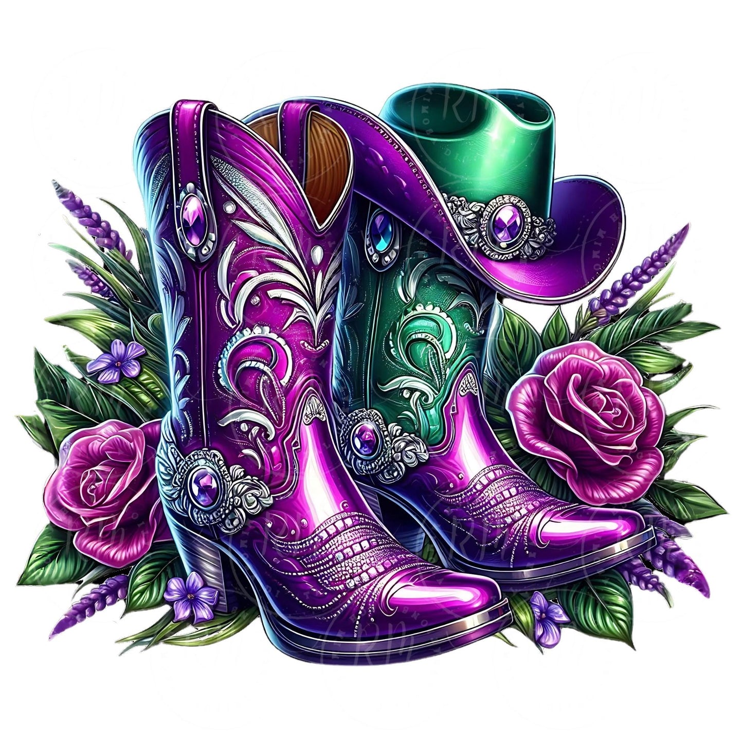 Rhinestone Cowgirl Boots PNG: Purple & Green Western Graphic (Digital Download)