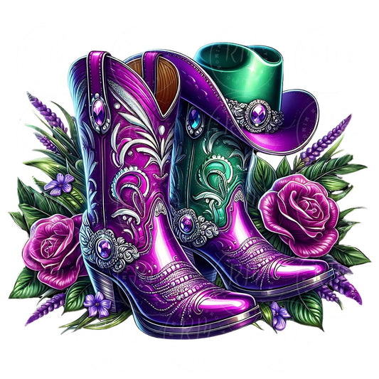 Rhinestone Cowgirl Boots PNG: Purple & Green Western Graphic (Digital Download)