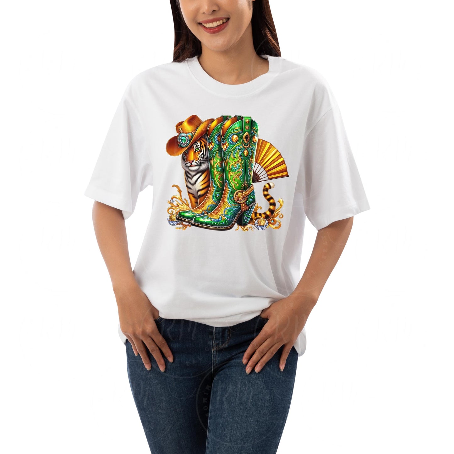 Boots on the Ground PNG, Yellow and Green Rhinestone Cowgirl Boots Graphic Design, Unique Western Tiger Design, Artwork for Prints, Tshirts