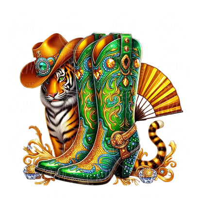 Boots on the Ground PNG, Yellow and Green Rhinestone Cowgirl Boots Graphic Design, Unique Western Tiger Design, Artwork for Prints, Tshirts