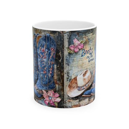 Rustic Western Ceramic Mug: Boots on the Ground Cowboy Coffee Cup