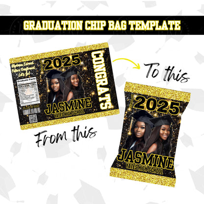 2026 Graduation Chip Bag Template, Editable Black & Gold Grad Party Favor, 2026 Grad Chip Bag, Unique Grad Gifts for Grad Party Celebrations