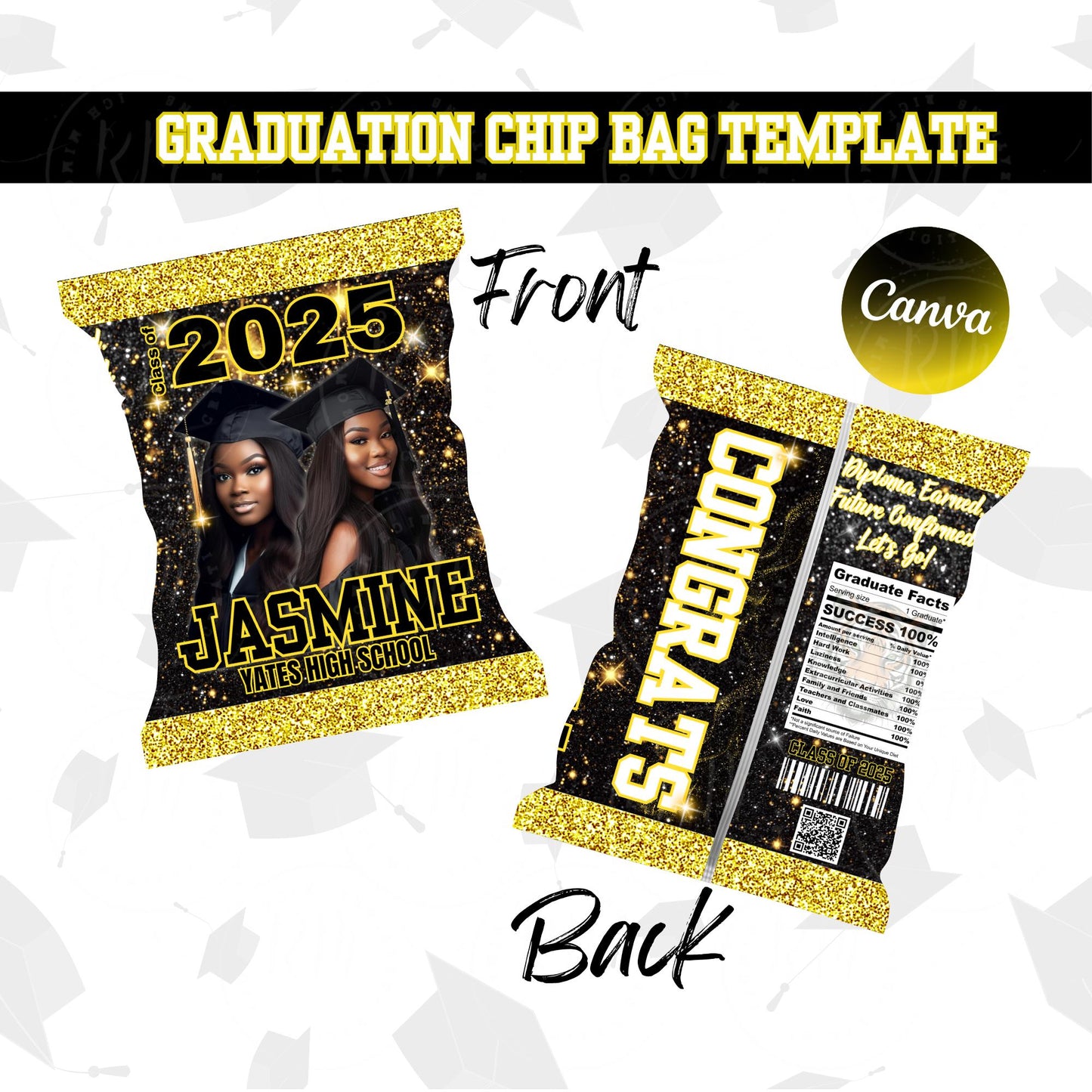 2026 Graduation Chip Bag Template, Editable Black & Gold Grad Party Favor, 2026 Grad Chip Bag, Unique Grad Gifts for Grad Party Celebrations