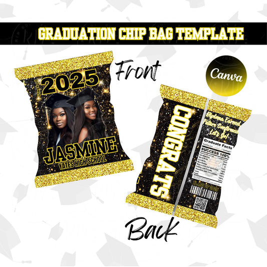 2026 Graduation Chip Bag Template, Editable Black & Gold Grad Party Favor, 2026 Grad Chip Bag, Unique Grad Gifts for Grad Party Celebrations