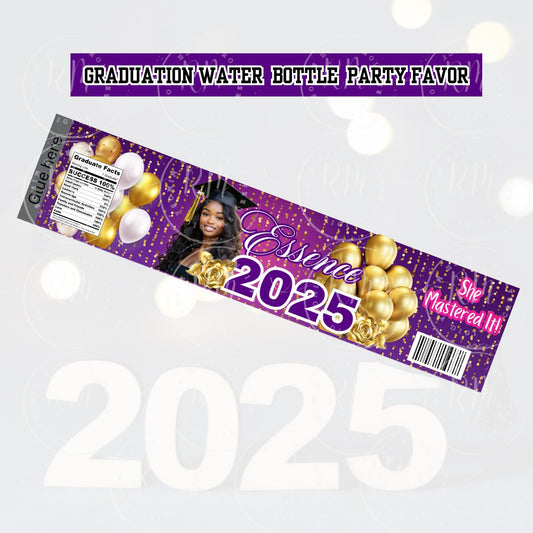 2026 Graduation Water Bottle Template, Grad Bottle Party Favor, Editable Purple Pink & Gold Favor, 2025 Grad, Unique Gifts for Grad Celebrations