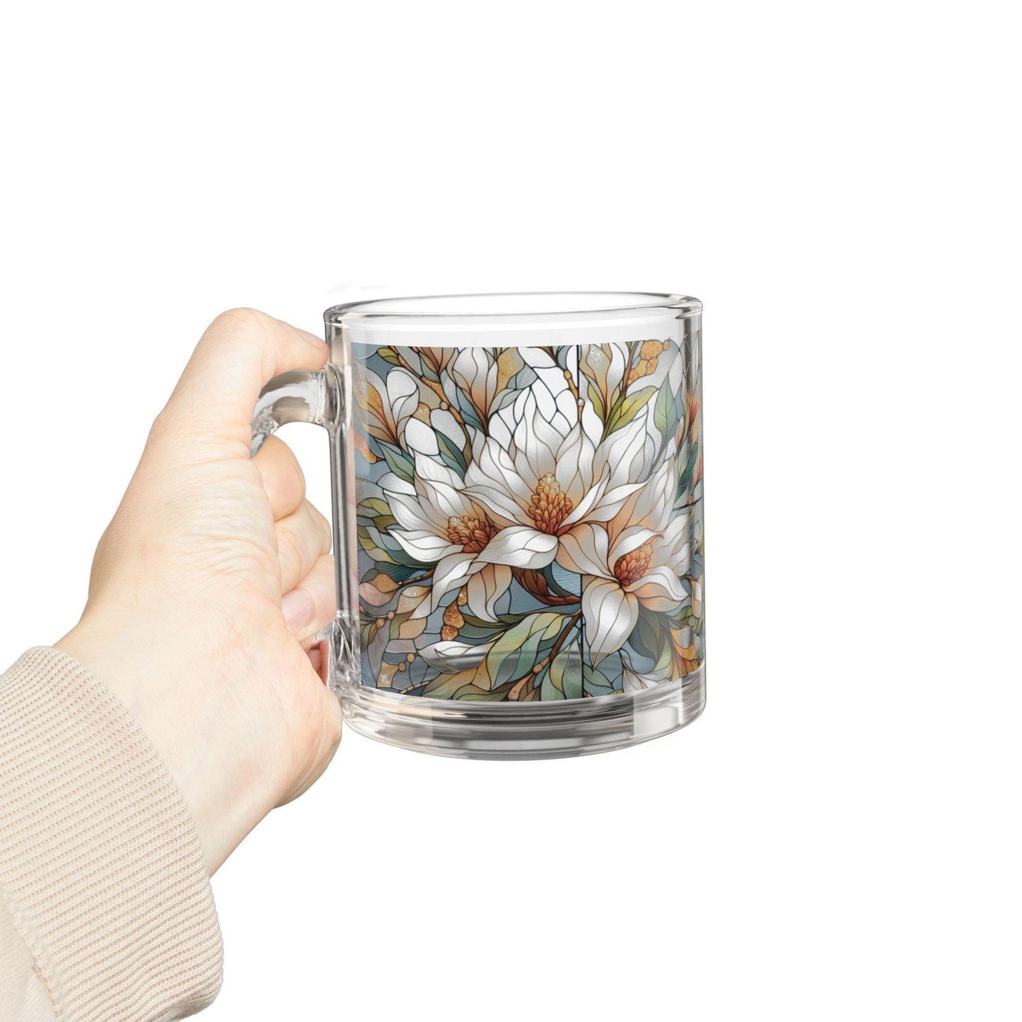 Floral Art Glass Mug: 10oz Botanical Tea & Coffee Cup