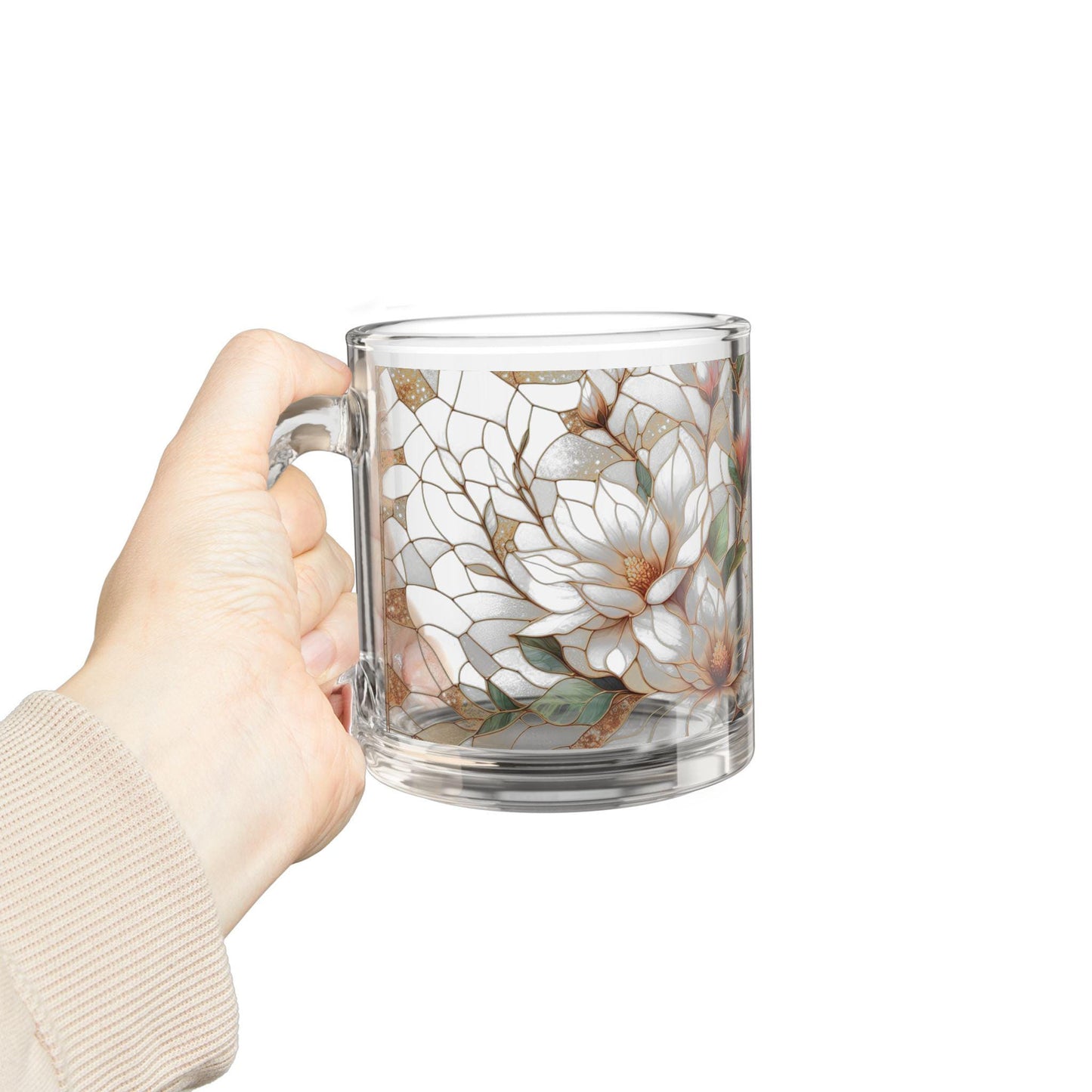 Elegant Floral Glass Mug, Ideal for Coffee, Tea, Gifts, Weddings, Birthdays, Home Decor, 10oz