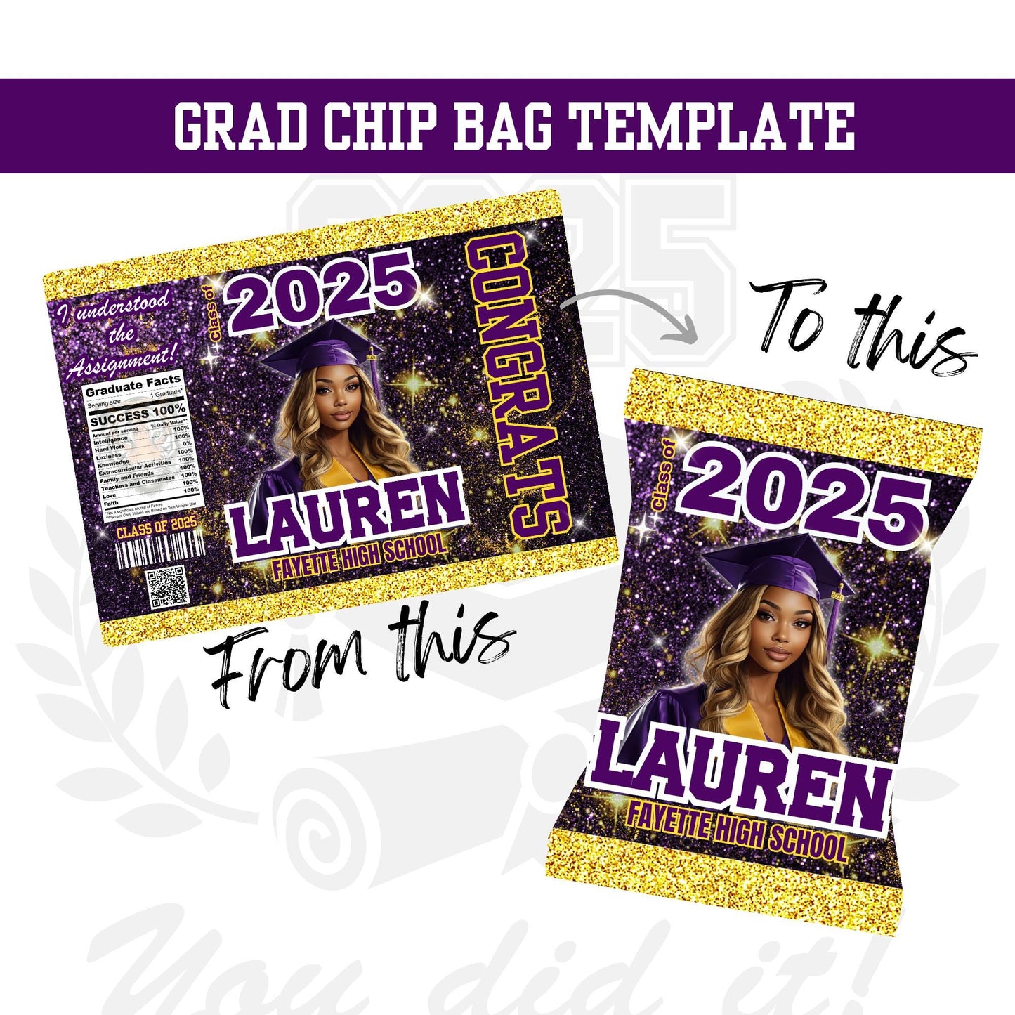 Purple & Gold 2025 Graduation Chip Bag Template: Editable Party Favor (Canva Digital Download