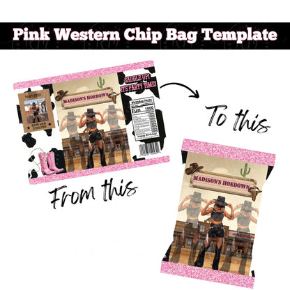 Western Birthday Chip Bag Template: Editable Pink Party Favor (Canva Digital Download