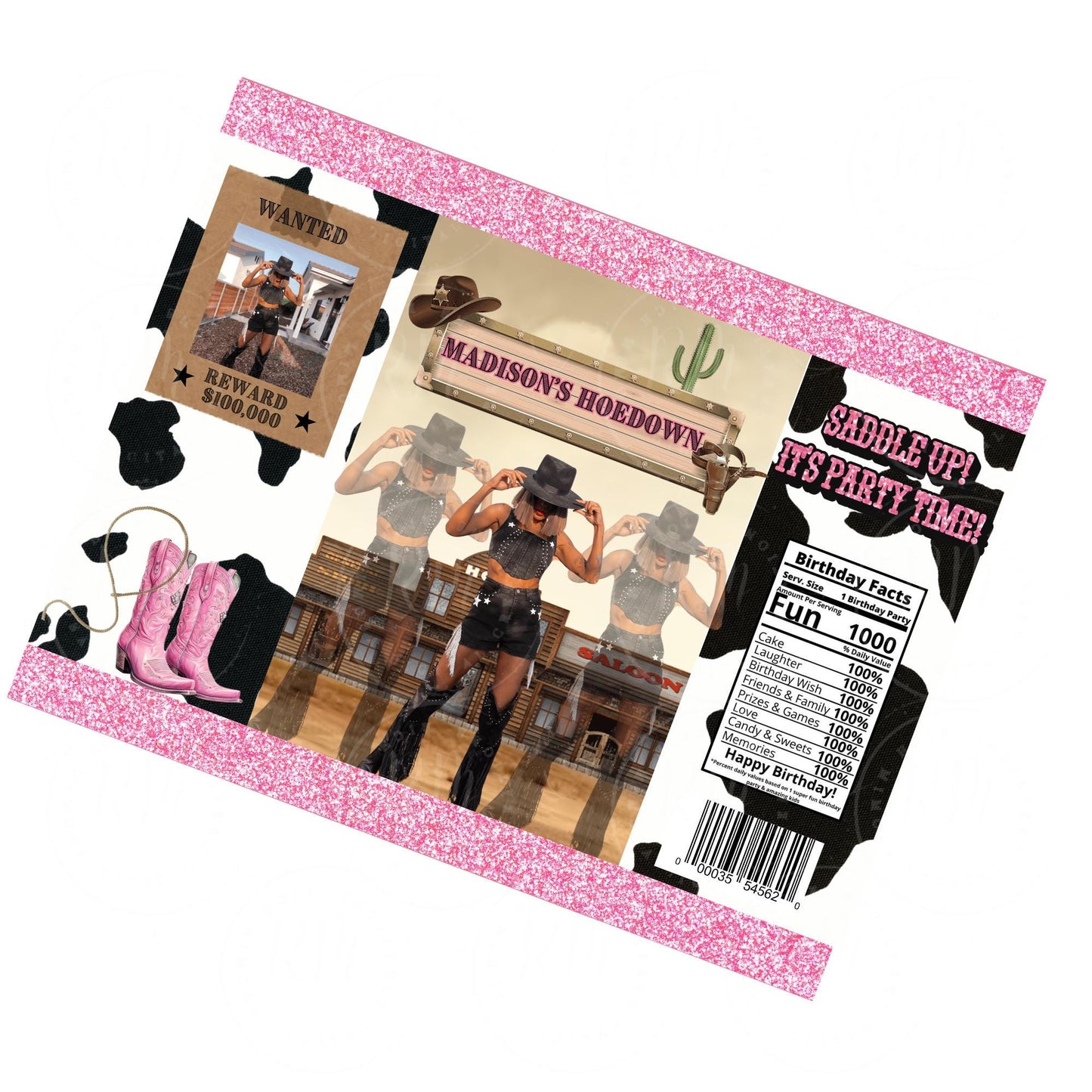 Western Birthday Chip Bag Template: Editable Pink Party Favor (Canva Digital Download