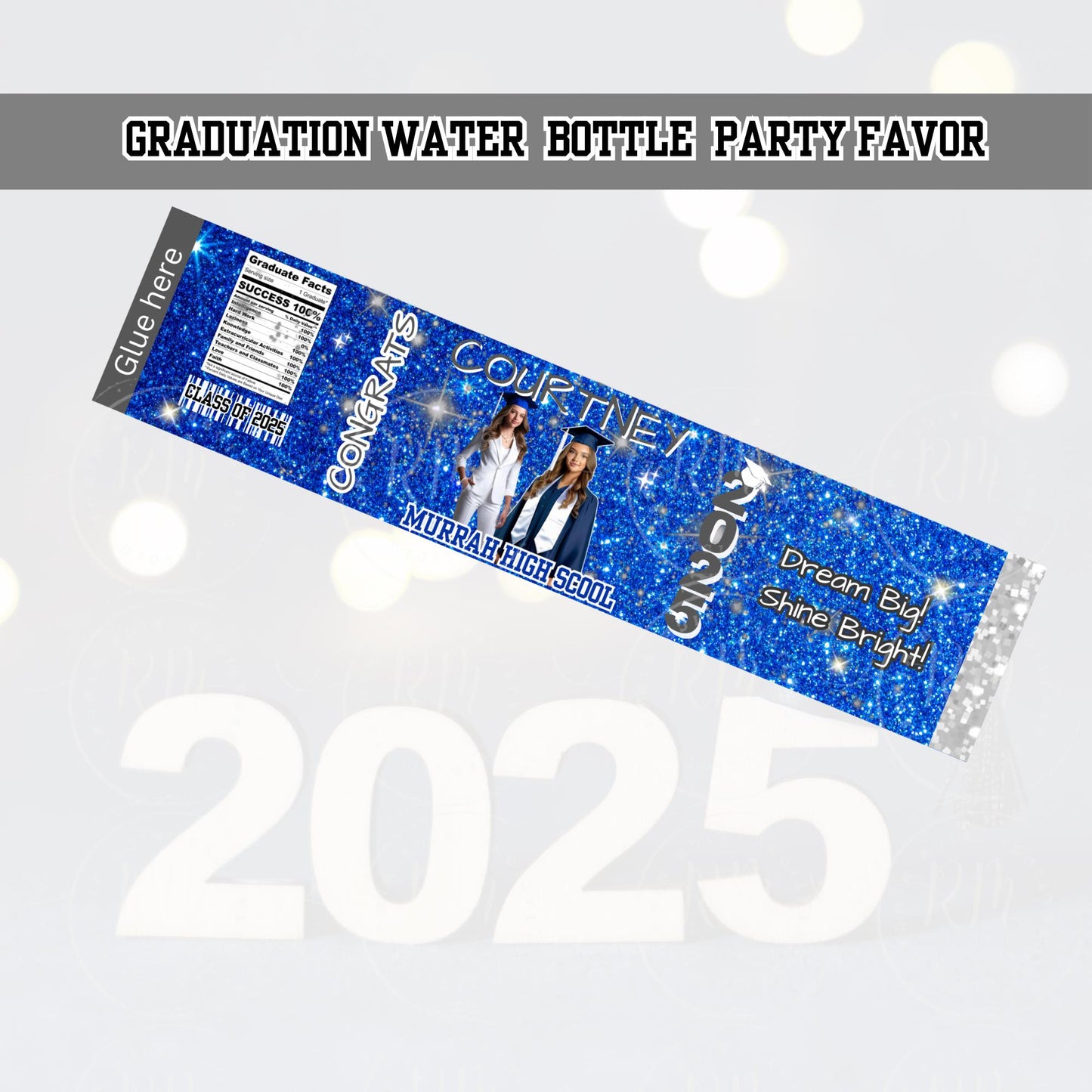 2026 Graduation Water Bottle Template- Grad Bottle Party Favor- Editable Blue, Gray & White Favor- 2026 Grad- Unique Gifts for Grads