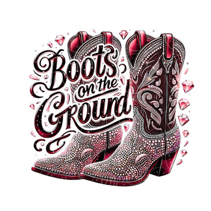 Boots on the Ground PNG, Wine Red Rhinestone Cowgirl Boots Graphic Design, Unique Western Design, Tshirt Clipart, DIYs, Western Artwork