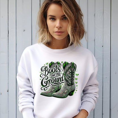 Boots on the Ground PNG, Green Rhinestone Cowgirl Boots Graphic Design, Unique Western Design, Tshirt Clipart, DIYs, Western Boot Artwork