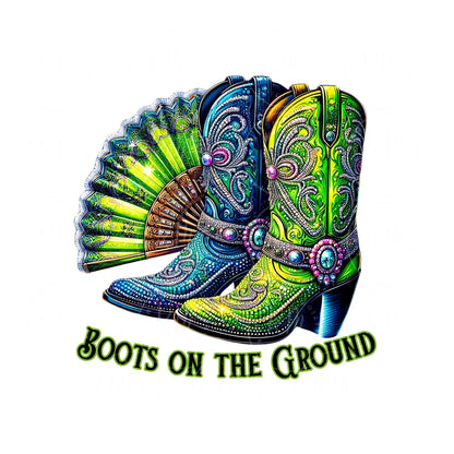 Boots on the Ground PNG, Cowgirl Boots and Clack Fan Graphic for Crafts and Design, Unique Western Artwork for Print and T-shirts