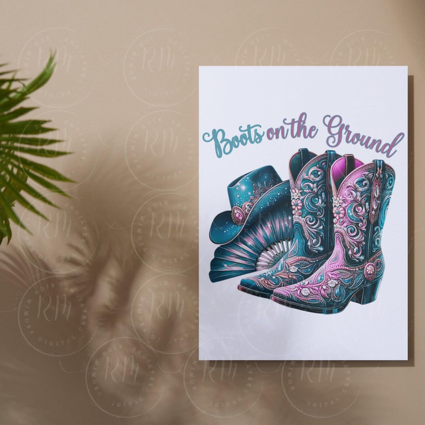 Boots on the Ground PNG, Cowgirl Boots, Hat and Clack Fan Graphic for Crafts and Design, Unique Western Artwork for Print and Tees