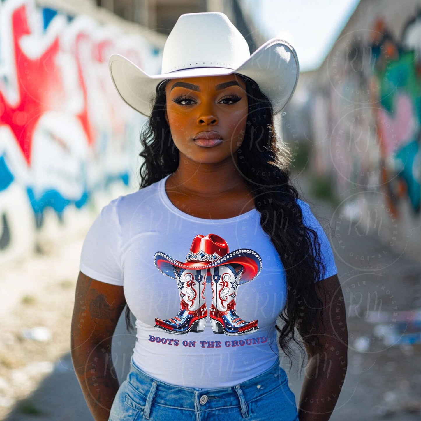 Rhinestone Cowgirl Boots & Hat PNG: Red White Blue Western Graphic (Digital Download)