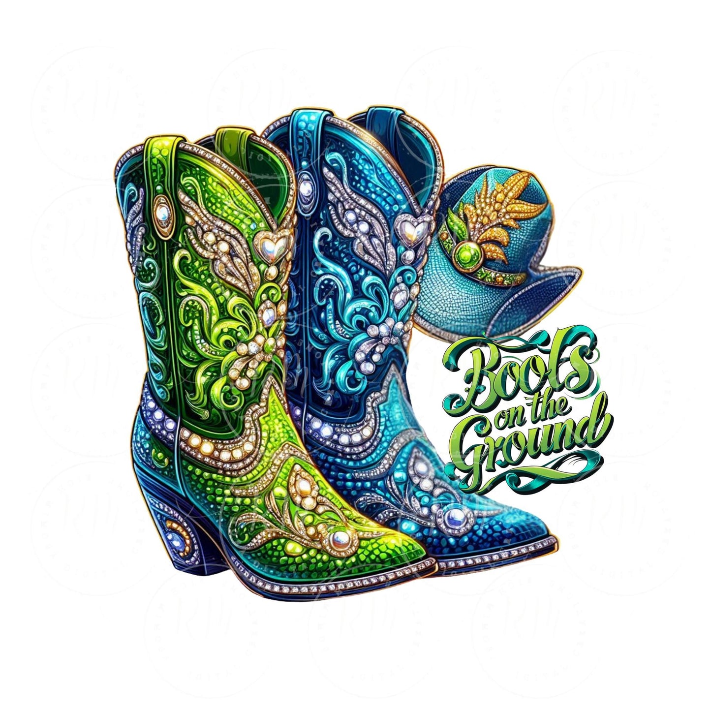 Cowgirl Boots PNG: Green & Turquoise Western Graphic (Digital Download)