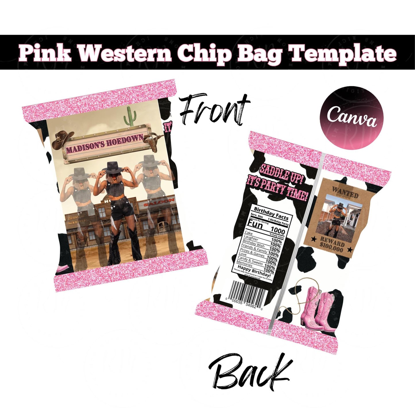 Western Birthday Chip Bag Template: Editable Pink Party Favor (Canva Digital Download
