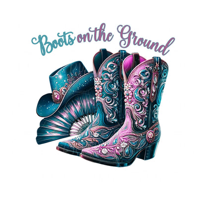 Boots on the Ground PNG, Cowgirl Boots, Hat and Clack Fan Graphic for Crafts and Design, Unique Western Artwork for Print and Tees