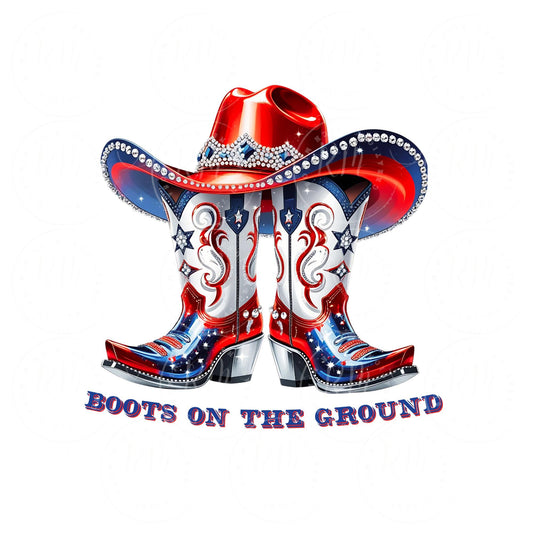 Rhinestone Cowgirl Boots & Hat PNG: Red White Blue Western Graphic (Digital Download)