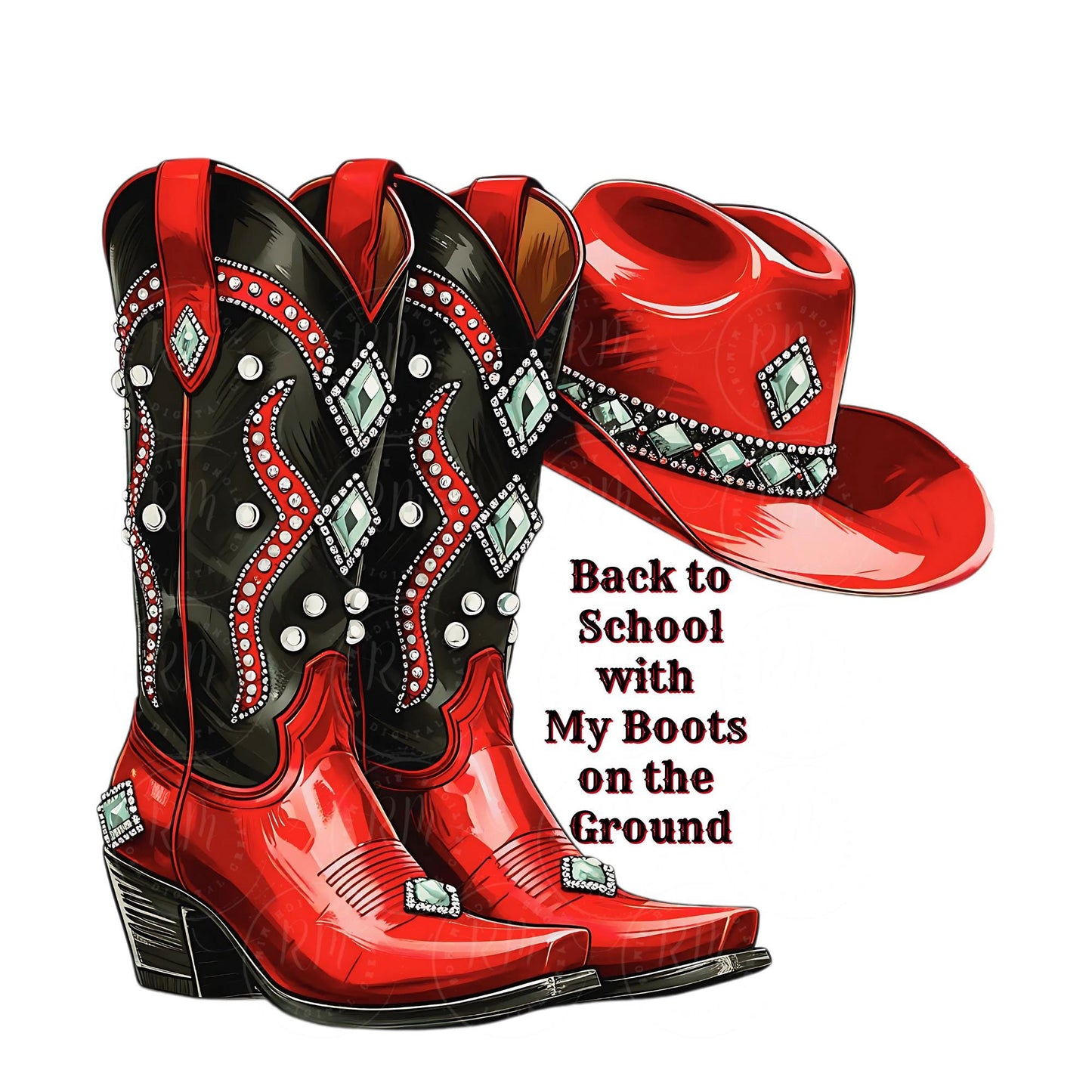 Back to School Boots on the Ground Clipart, Red and Black Rhinestone Cowgirl Boots and Hat PNG, Western Glam Shirt Design, Digital Download