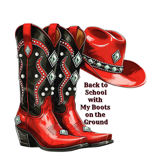Back to School Boots on the Ground Clipart, Red and Black Rhinestone Cowgirl Boots and Hat PNG, Western Glam Shirt Design, Digital Download
