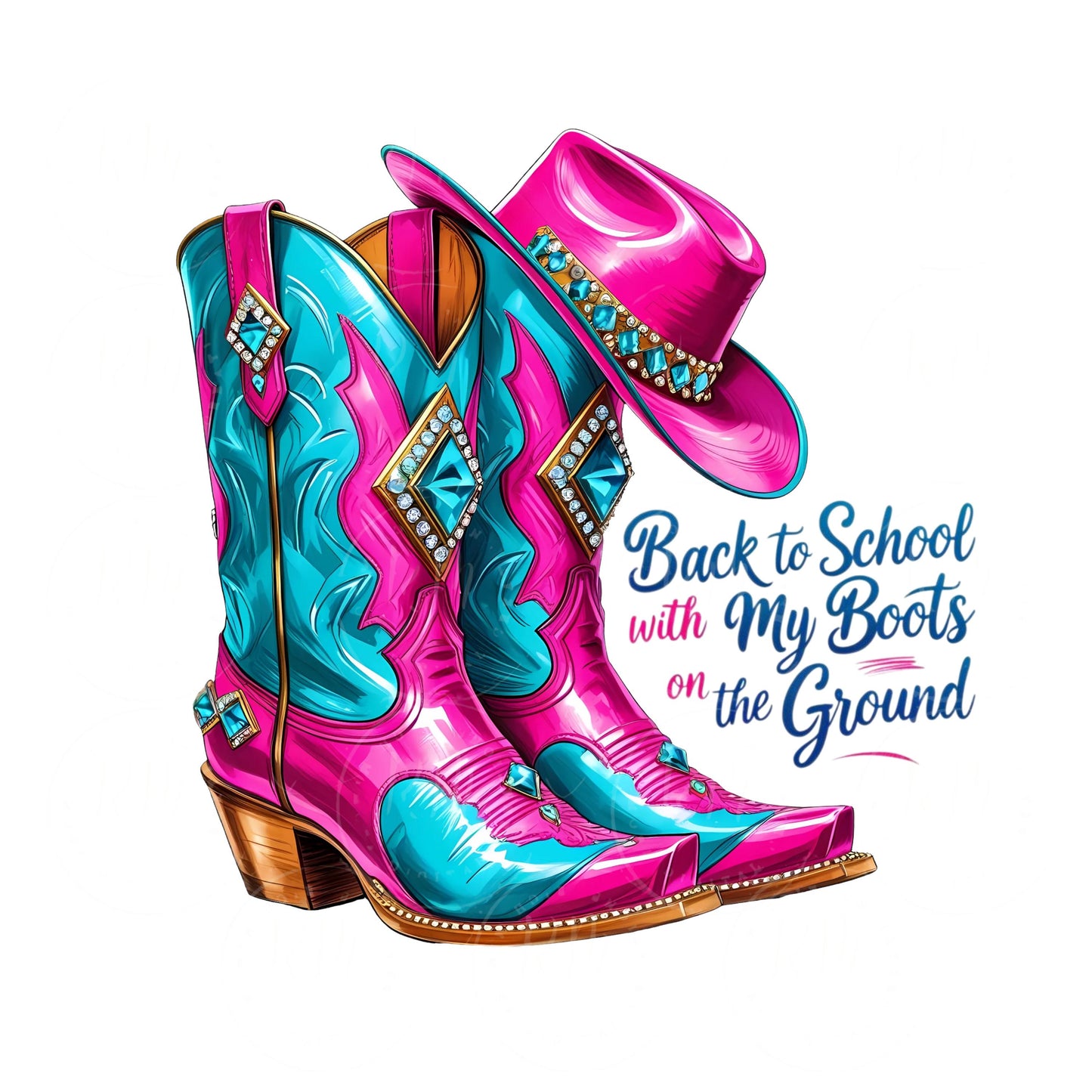 Boots on the Ground Back To School Clipart, Pink & Turquoise Rhinestone Cowgirl Boots and Hat PNG, Western Glam Design, Digital Download