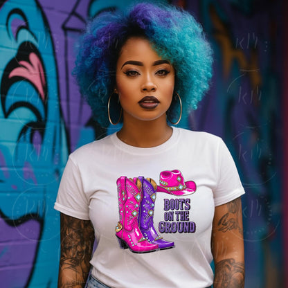 Boots on the Ground PNG, Pink & Purple Rhinestone Cowgirl Boots Graphic Design, Unique Western Boot and Hat Design, Unique Western Design