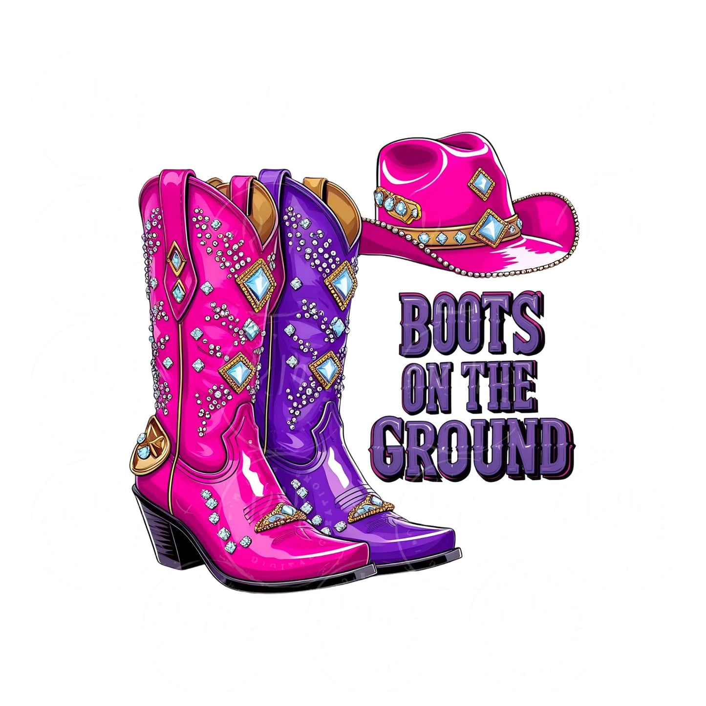 Boots on the Ground PNG, Pink & Purple Rhinestone Cowgirl Boots Graphic Design, Unique Western Boot and Hat Design, Unique Western Design