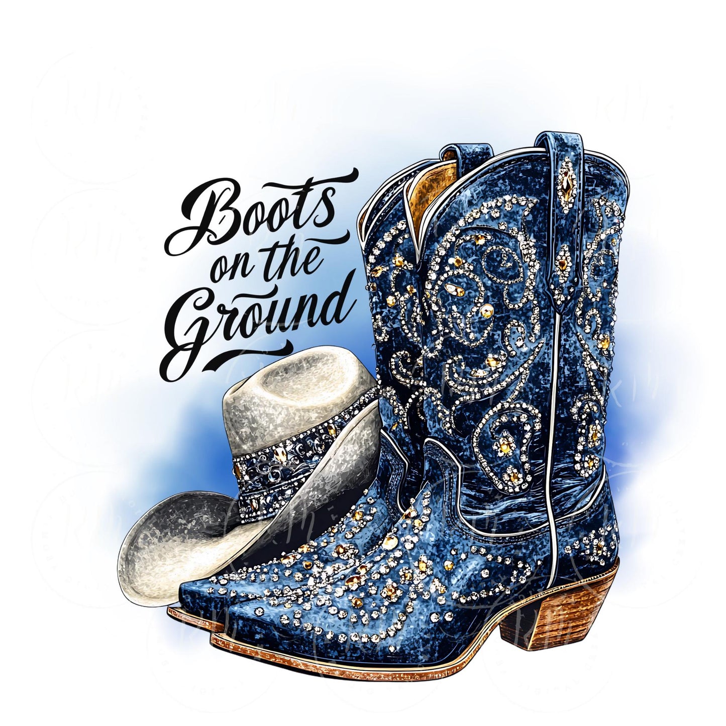 Blue Rhinestone Cowgirl Boots & Hat Clipart: Western PNG Art (Digital Download)