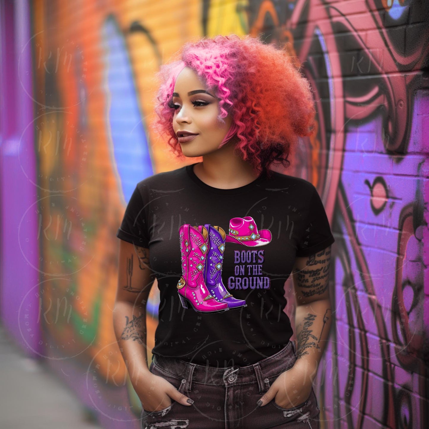 Boots on the Ground PNG, Pink & Purple Rhinestone Cowgirl Boots Graphic Design, Unique Western Boot and Hat Design, Unique Western Design