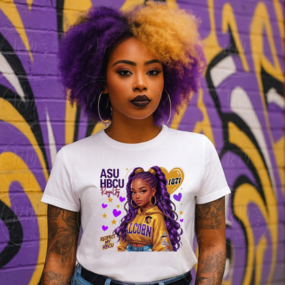 Alcorn State University Girl Clipart | HBCU PNG for T-Shirts and other Merch | ASU Purple & Gold Braids Black Woman Sublimation Design